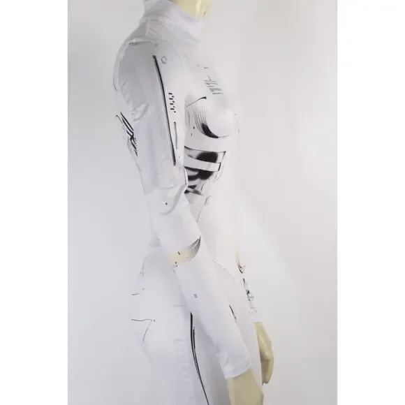 White Robotic Stretch Jumpsuit Tattoo Cyberpunk Longe Sleeve Bodysuit Size XS - Picture 7 of 14